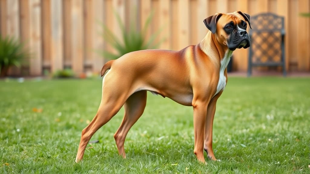 Cão da raça Boxer de pelo curto e focinho curto, em postura alerta no gramado