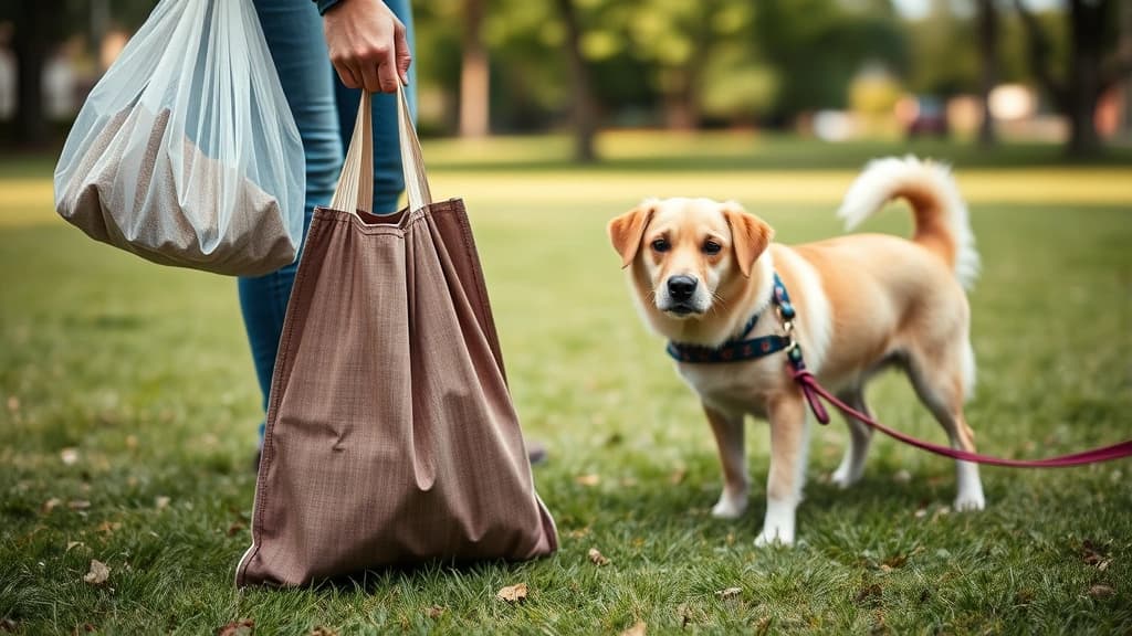 Tutor recolhendo os dejetos do cachorro no gramado com saquinho