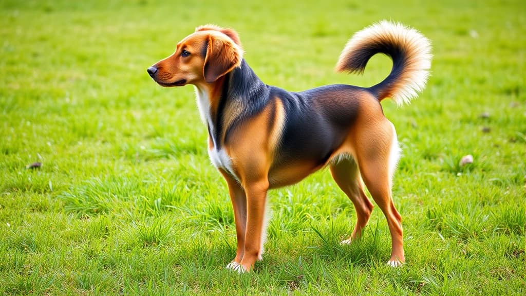 Cão de orelhas naturais pendulares e cauda inteira, em pé no gramado