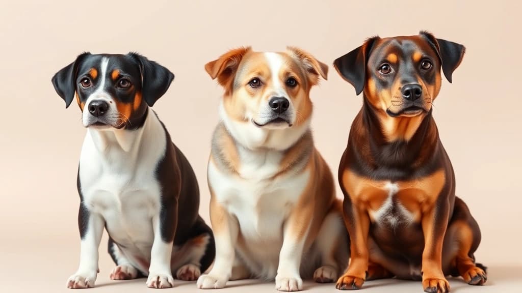 Três cães de portes e formatos diferentes lado a lado, ilustrando predisposições por raça