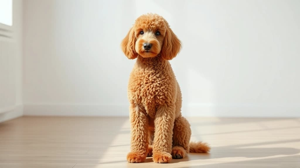 Poodle de pelo encordoado bem tosado, sentado em ambiente claro