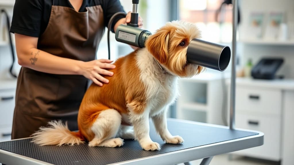 Profissional de banho e tosa secando um cão com soprador em salão