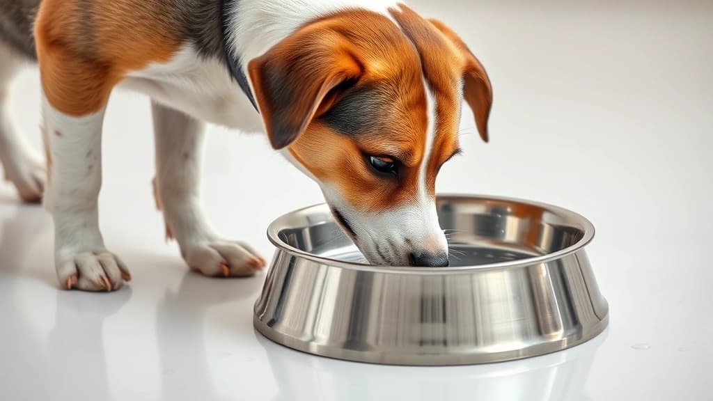 Cão bebendo água em pote de inox, hidratação ligada aos sinais na urina