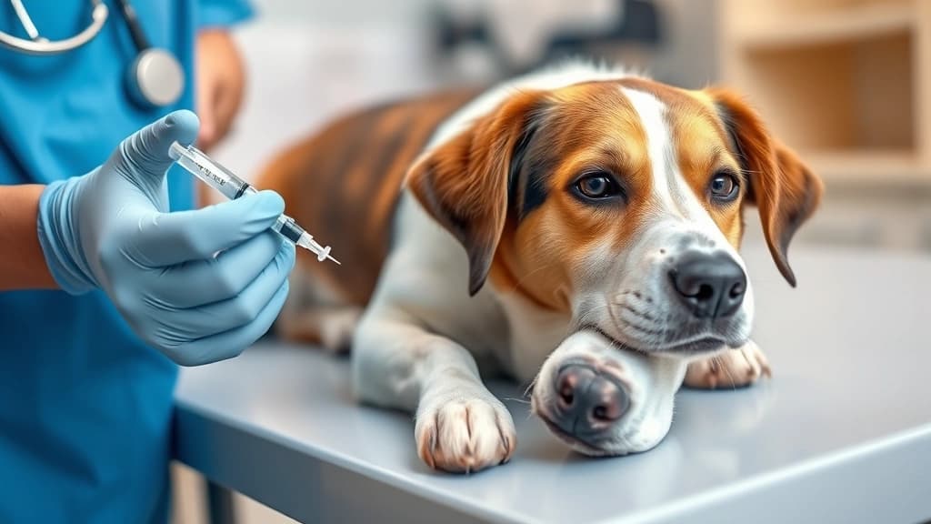Cão recebendo vacina de veterinária em clínica, com carteira de vacinação ao lado