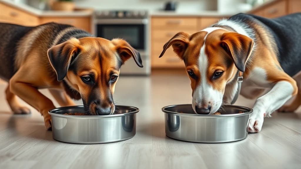 Dois cães comendo em potes separados, arranjo que evita disputa de recurso