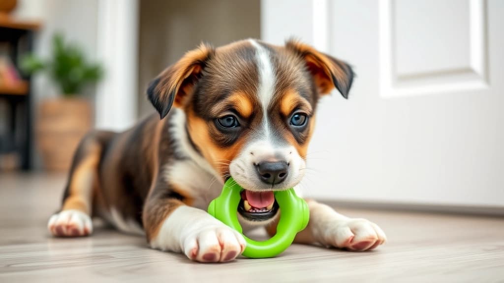 Filhote de cachorro mordendo mordedor de borracha no chão de casa